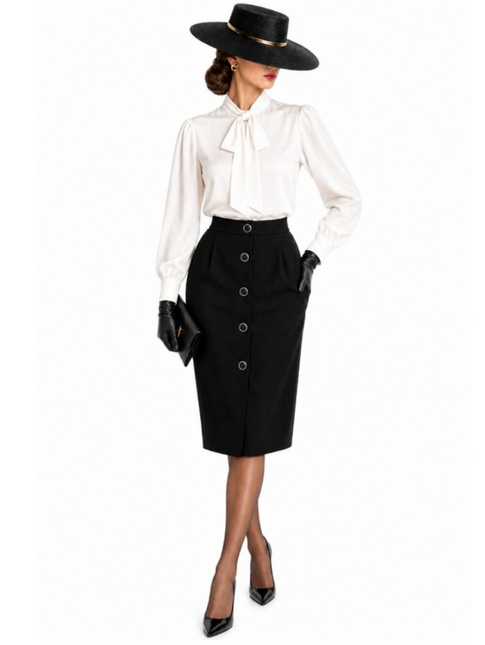 VTG Yves Saint Laurent Rive Gauche Black Wool Button Front Midi Skirt Size 2 38